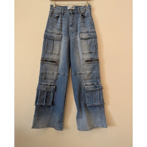 Fashion Nova Back Talking Stretch Straight Cargo Jeans  Sz 7 - Picture 10 of 13